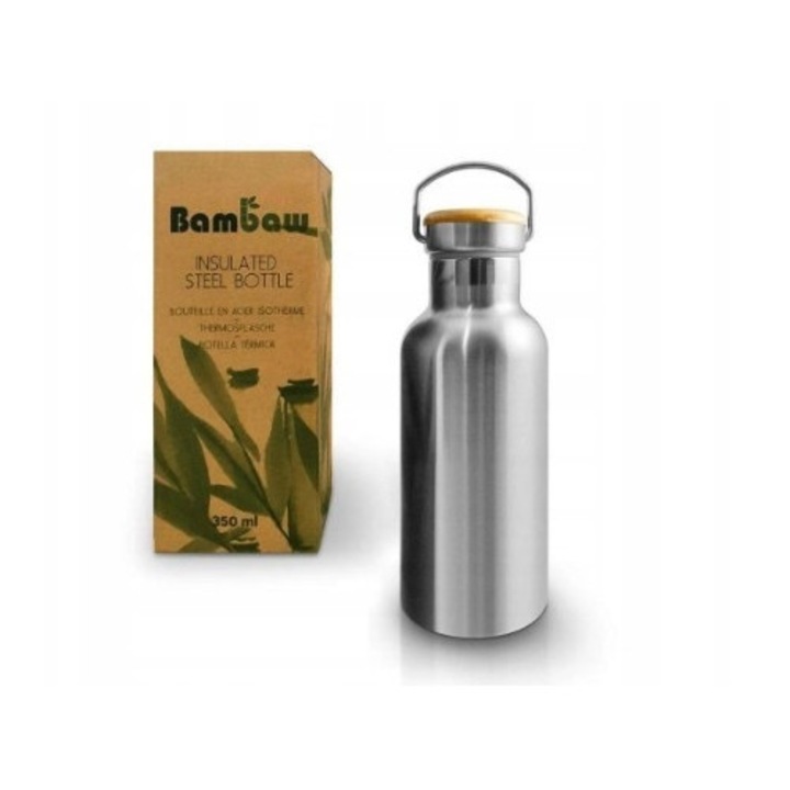 Butelca termica din otel inoxidabil 750ml, capac din bambus, ecologica, design minimalist