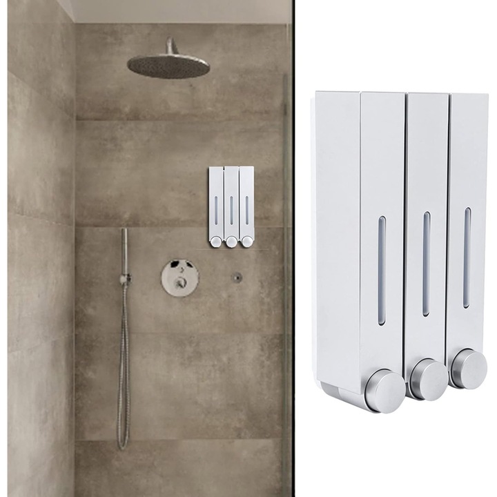Dispenser de sapun lichid 420ml, 3 capete, montaj pe perete, ideal pentru dus