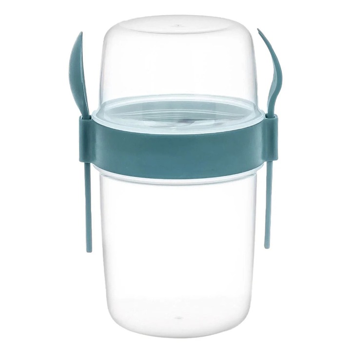 Caserola Dubla Alimente 1.1 L, Turcoaz, fara BPA, cu Lingura si Furculita Incluse, 2 Recipiente Suprapuse