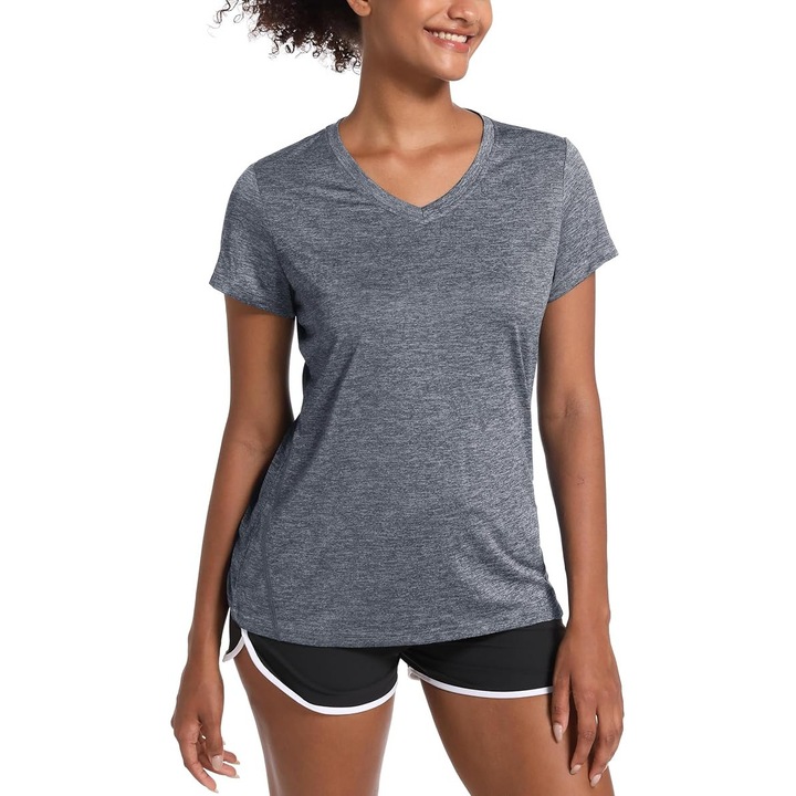 Tricou sport dama Magcomsen, decolteu in V, elastic, gri, marimea L