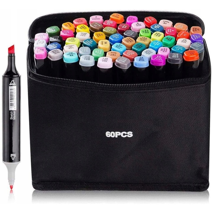 Set markere permanente multicolore 60 bucati, 3mm-6mm, 1mm-2mm