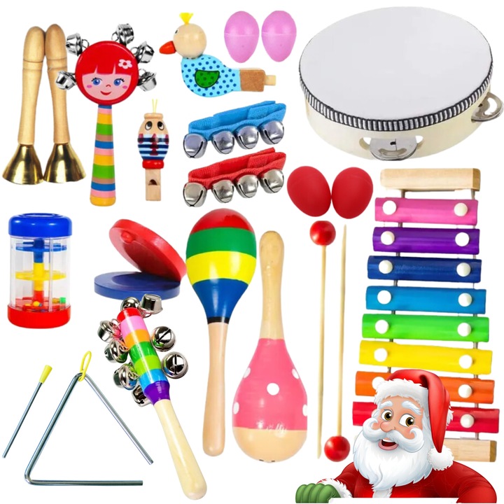 Set mare instrumente muzicale din lemn, 18 bucăți, multicolor, include geantă de transport