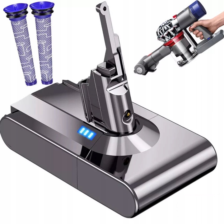 Baterie inlocuitoare 21,6V 6000mAh pentru aspirator Dyson V8, set cu 2 filtre, culoare gri