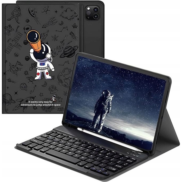 Tok iPad Pro 11-hez, SHTALHST, levehető vezeték nélküli billentyűzettel, fekete, 360°-os védelem