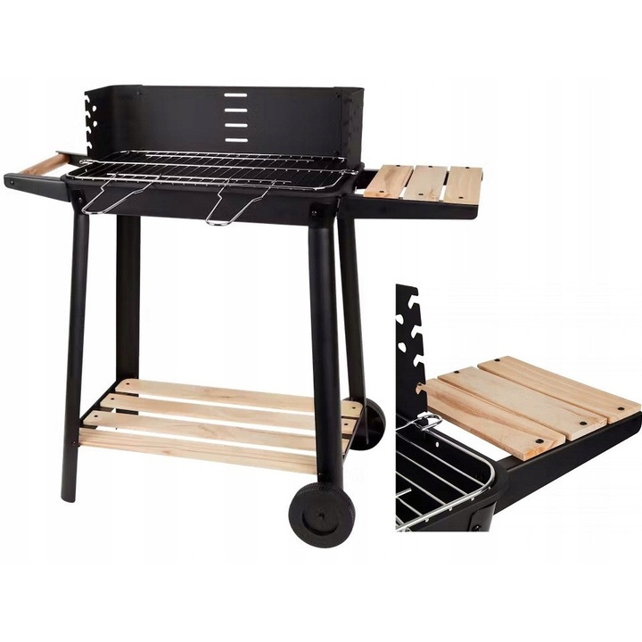 Gratar de gradina, 49x28cm, inaltime 85,5cm, cu suporturi din lemn, reglabil pe 4 niveluri