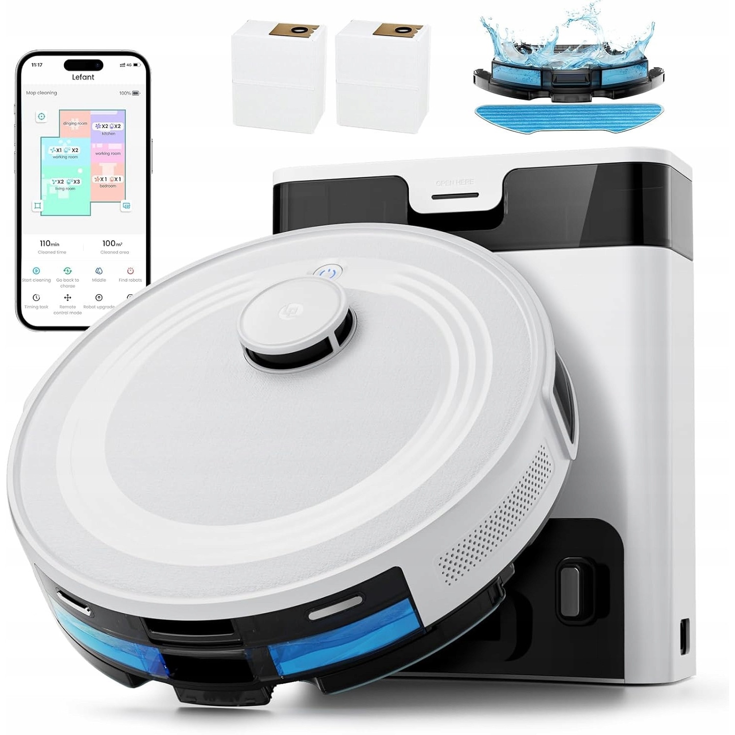 Aspirator robot Lefant M2 Pro, 5500 Pa, 2 in 1, alb, cu statie de auto-golire, acumulator 3200 mAh