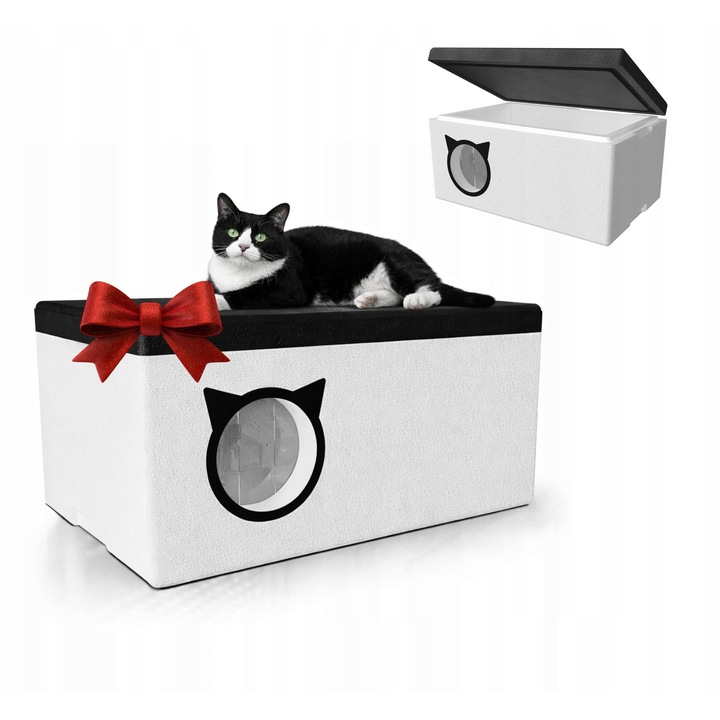 Macskafekhely, 58x38x29cm, 4cm-es szigeteléssel, udvarral és nyitható tetővel, szürke-fehér, 1-2 macskának való készlet