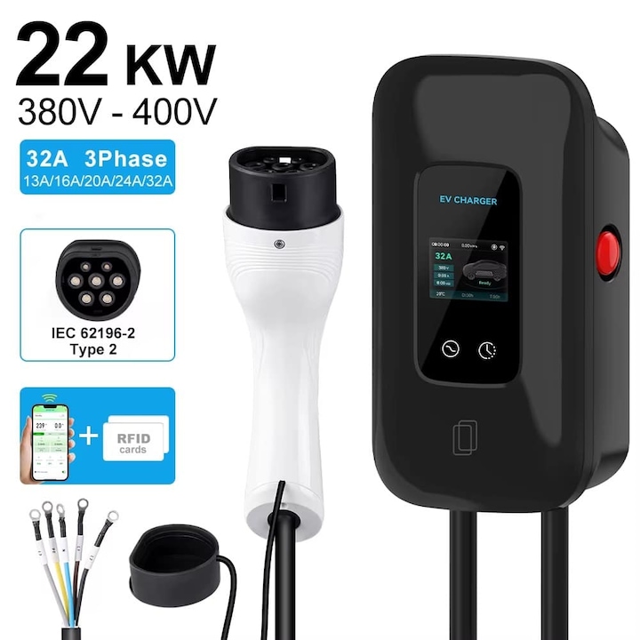 Statie Incarcare Auto Electrica 22kW, 10A–32A, WiFi APP, Cablu 5m, 400V Trifazat, Programabila, Montaj Perete
