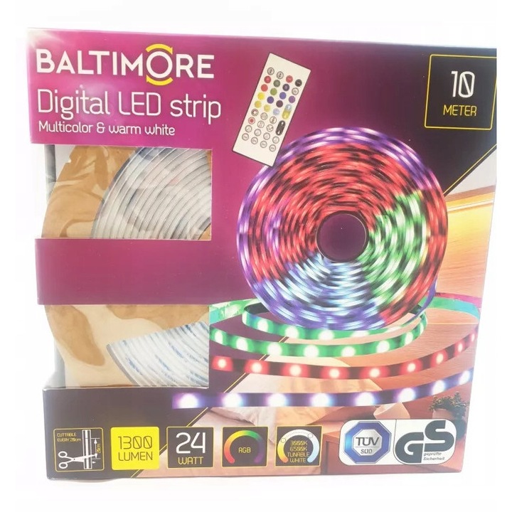 Benza LED RGB и топло бял Балтимор 10м 1300 лумена с дистанционно управление, 24W, 24V DC