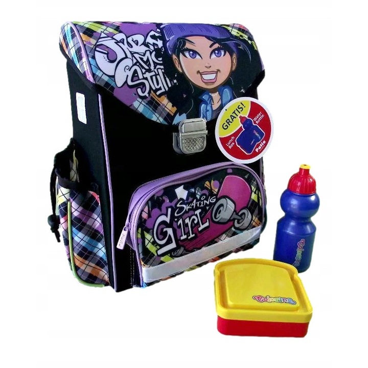 Iskolatáska szett Skate Girl, 37x27x14,5cm, kulaccsal és uzsonnásdobozzal, többszínű