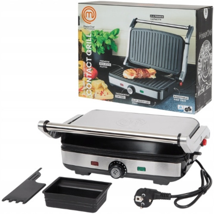 Grill electric, 1600W, design elegant, cu termostat, argintiu, compact