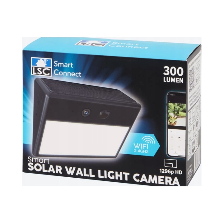 Камера за наблюдение със соларна лампа 300 lm, 1296p HD, черна, за външна употреба