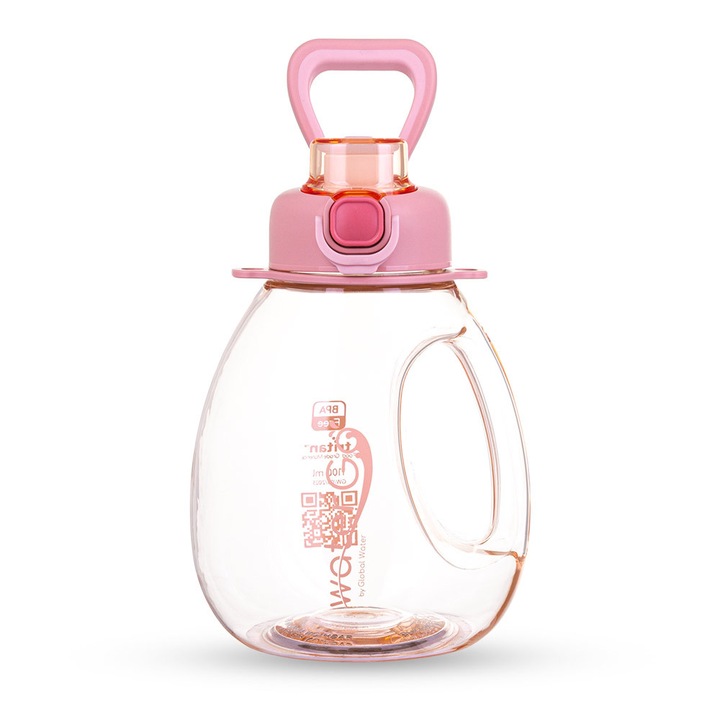 Sticla de apa gradata WaterGO 1.1 Litri cu pai, din Tritan, Roz