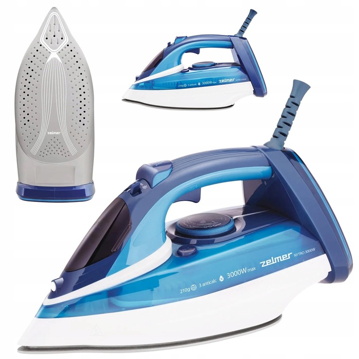 Fier de calcat cu abur Zelmer NYTRO 3000W, ceramica, 3000W, albastru-alb, set complet