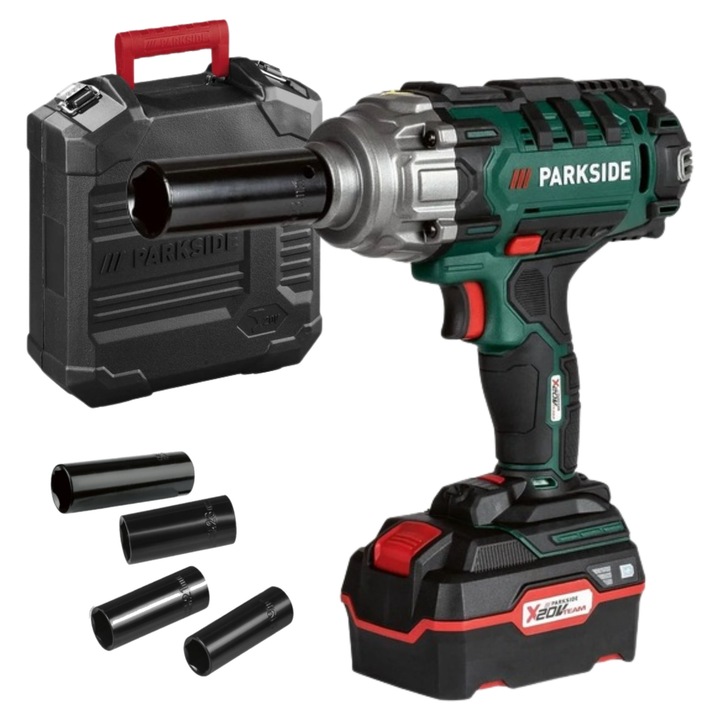 Cheie impact PARKSIDE PASSK 20V, 400 Nm, 5 niveluri de putere, LED, set cu 4 nasadki 17-23 mm, valiza transport.