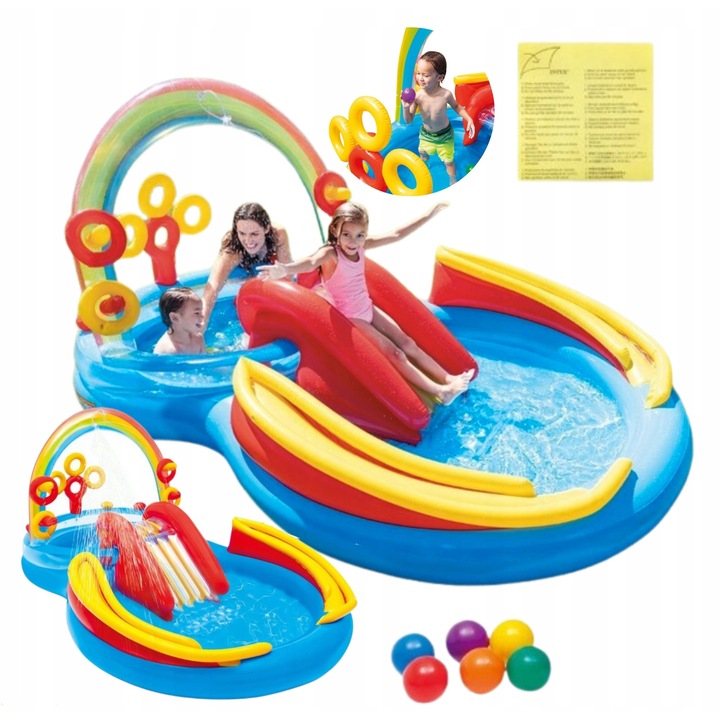 Felfújható medence csúszdával, Intex, 297x193cm, többszínű, gyerekeknek