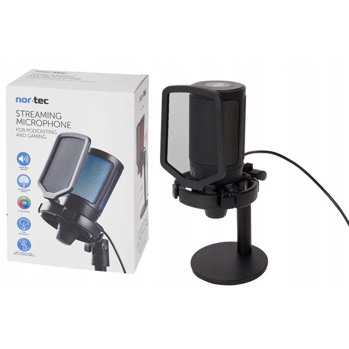 Mikrofon de streaming cu LED, rotativ, negru, USB, 180x360 grade