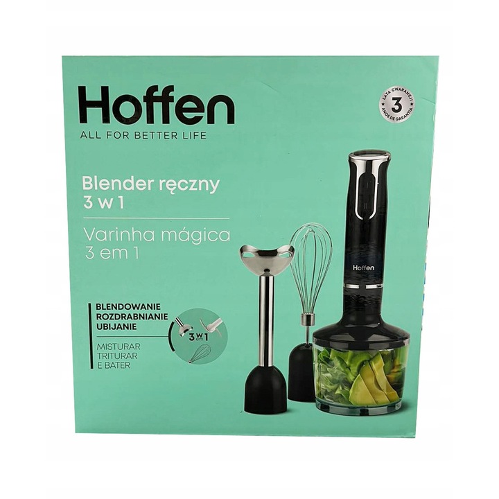 Пасатор 3 в 1 Hoffen, 800W, черен, с контейнер 0,6л и накрайник за разбиване