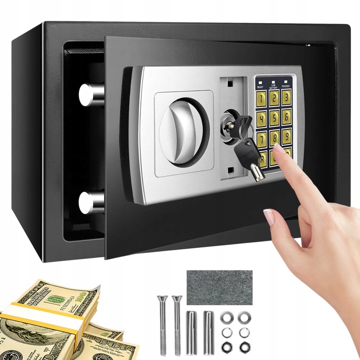 Seif digital compact 8,5 l, rezistent la foc si apa, metal, 31x20x20cm, negru, set cu 2 chei