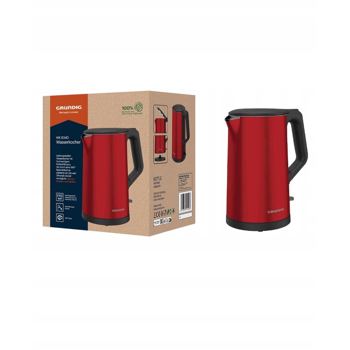 Fierbator electric Grundig WK 8340, 2150 W, 1,5 l, rosu, automata oprire, Cool Touch