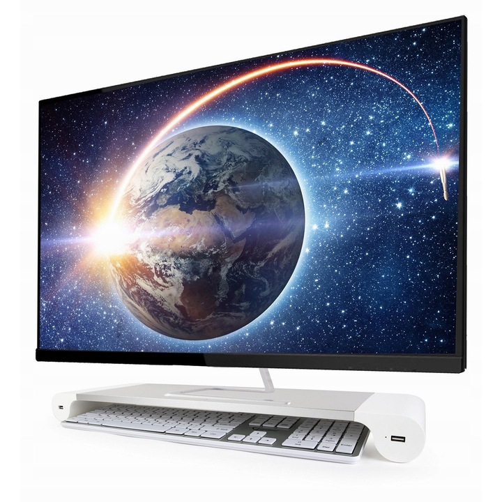 Suport monitor MAXXTER, design minimalist, 10 kg, 45,5x16,8x4,9cm, cu 2 porturi USB, antiderapant