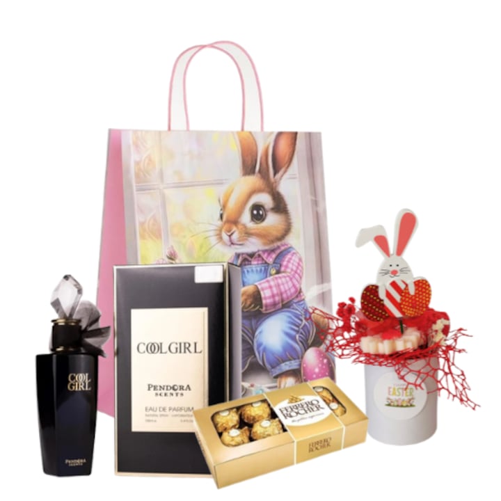 Pachet cadou Femei Happy Easter, Parfum Cool Girl Pendora Scents 100 ml, Decoratiune de PASTE, Flori de Ceara Parfumata, FERRERO ROCHER Bomboane 100 g, Punga cadou
