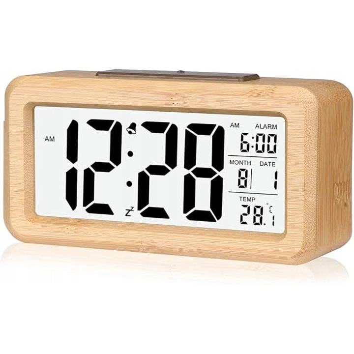 Ceas digital DTKID, brun, cu monitorizare temperatura si umiditate, pentru birou si dormitor