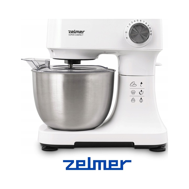 Robot de bucatarie Zelmer Super Compact 600W, 3,5L, alb, dimensiuni 18,5x32,5x29cm
