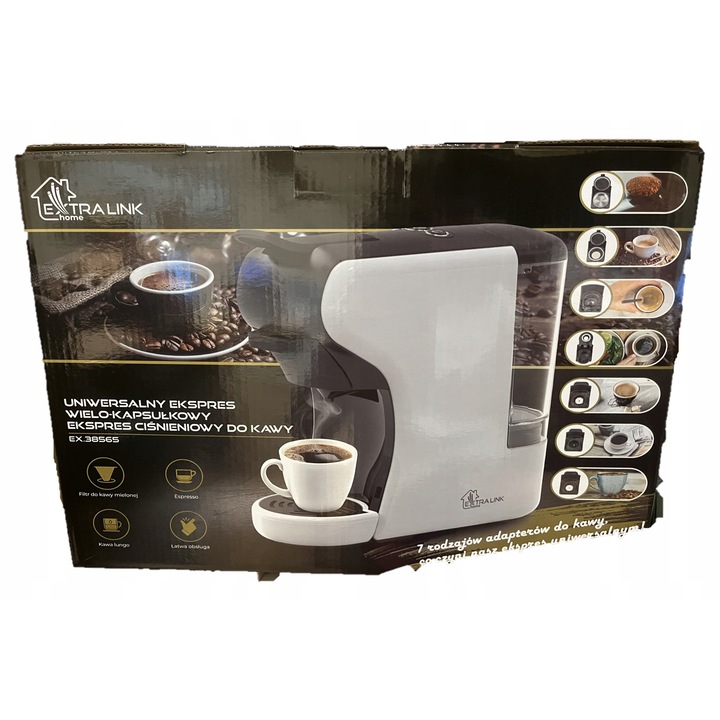 Espressor, Extralink, Home, 6 sisteme, negru/alb, 600ml, set cu 7 adaptoare