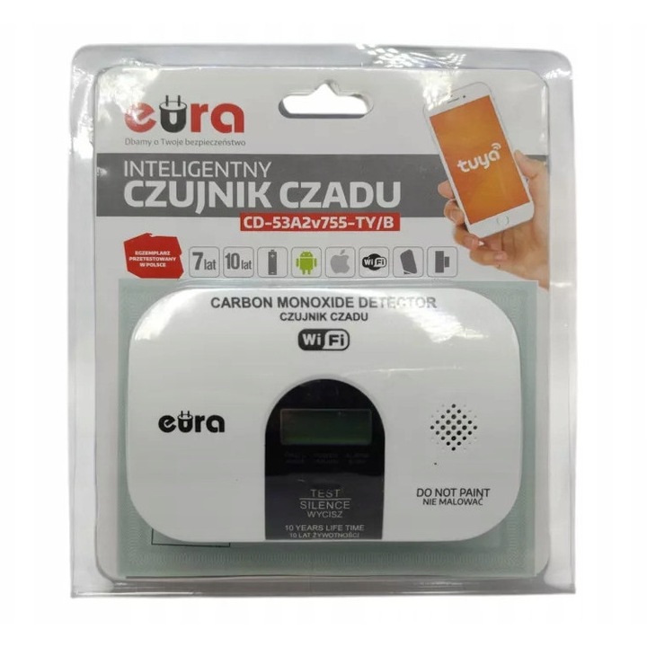 Cenzor de monoxid de carbon Eura, WiFi, alarma acustica si vizuala, alb, 50x200mm