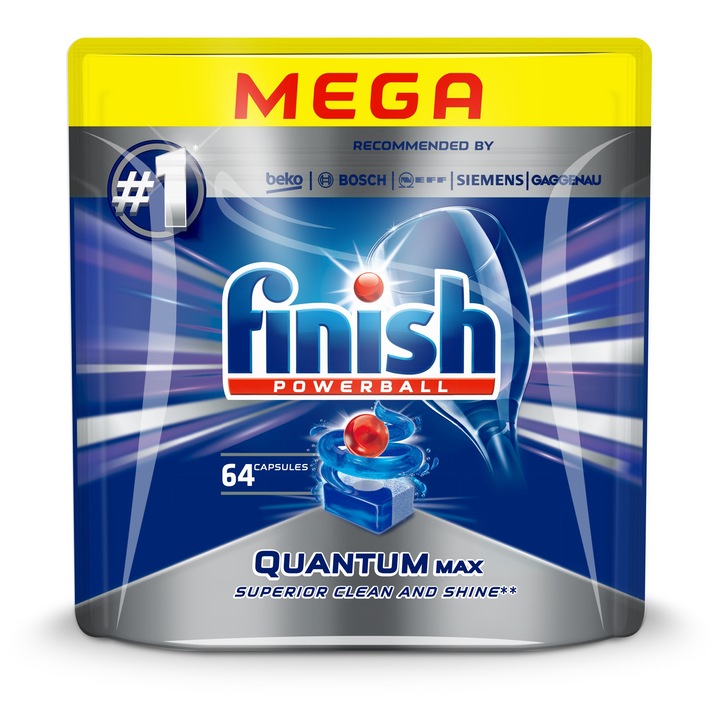Finish Quantum All-in-1 Fresh, 64 capsule, curatare eficienta, protectie sticla si argint, reciclabil