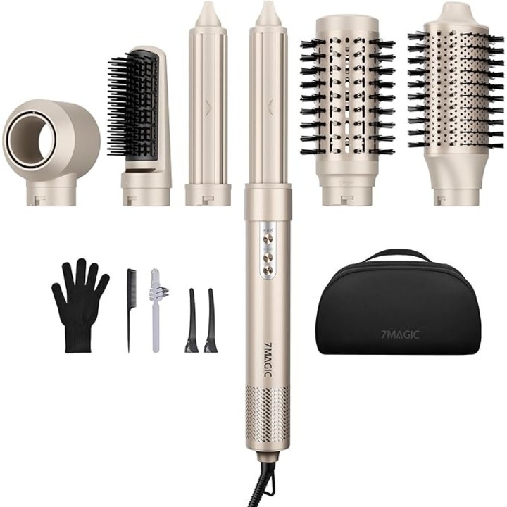 7MAGIC 6 in 1 Airstyler, Aparat de Coafat Parul, Ondulator, Accesoriu pentru Infasurarea Parului, pentru Bucle tip Beach Waves, Uscator de Par cu Ioni, Uscator Profesional cu Perie Rotunda, Placa de Indreptat Parul, Ideal pentru Ocazii Speciale