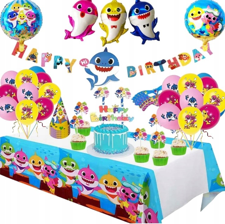 Комплект декорация за парти Baby Shark, 45 елемента, балони, банер, салфетки, шапки