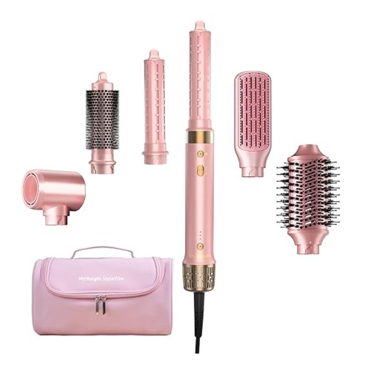 Mythsight StyleVibe Airstyler 6-в-1, с Чанта за Пътуване, Високоскоростен Йонен Сешоар и Мултифункционален Уред за Оформяне на Коса, Автоматична Маша, без Увреждане от Топлина, Четка с Горещ Въздух, Оформяне и Придаване на Обем