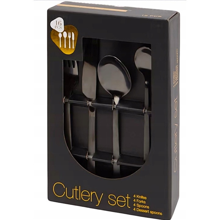 Елегантен комплект прибори за хранене от 16 части, неръждаема стомана, черен, за 4 души