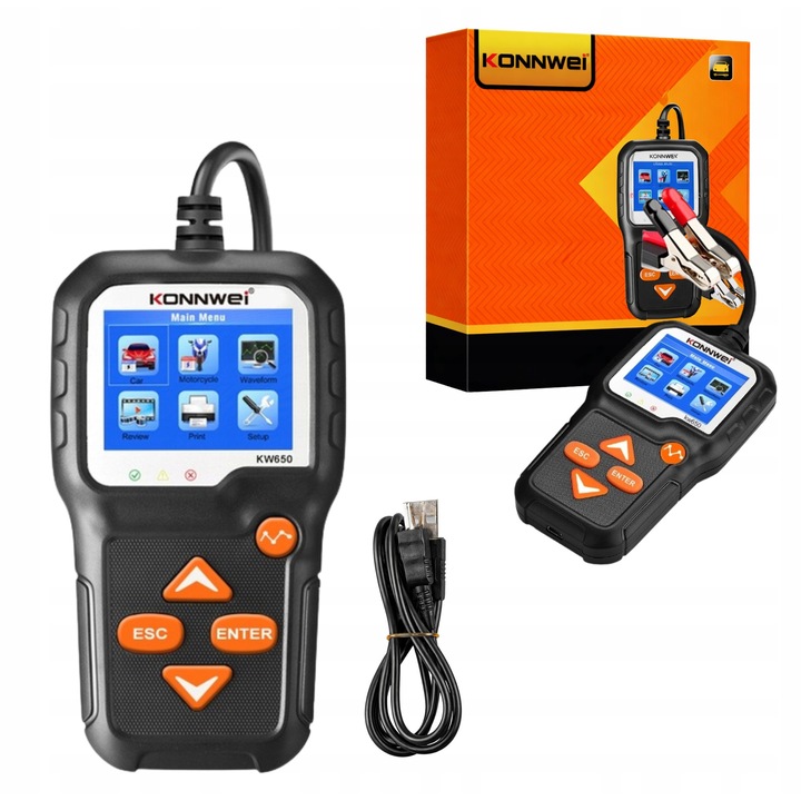 Tester akumulatori Konnwei KW650 6V/12V, testare pornire si incarcare, ecran 2,4", set complet