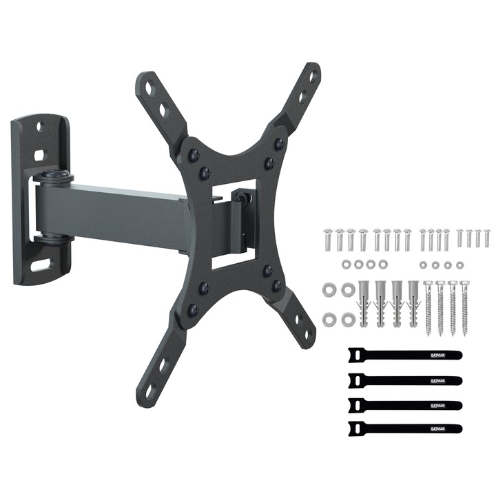 Suport TV/Monitor de Perete (Full Motion), Diagonala 23~43" inch (58~110 cm), Max 25 kg, Profil 60~120 mm, Inclinare (fata/spate), Rotire laterala, Reglabil, Solid din Otel, Prindere VESA 200x200, 100x100, 75x75 - DATMAN® (Kit-ul Include Suruburi Montare)