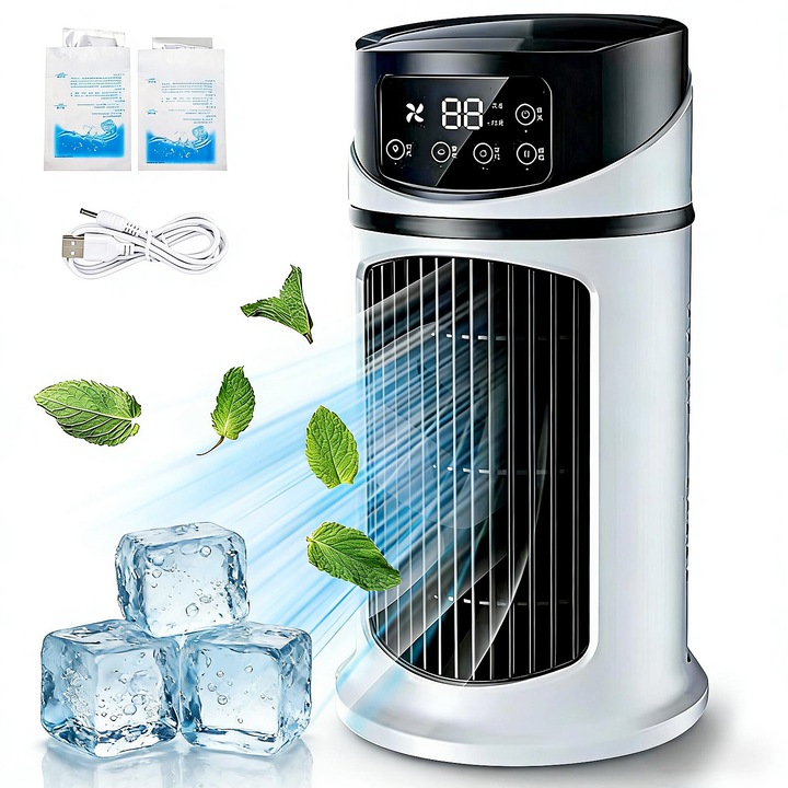 Mini Ventilator Portabil YOUKUKE 3-in-1, Racitor Aer cu Pulverizare, Alb-negru, 15,5x24cm