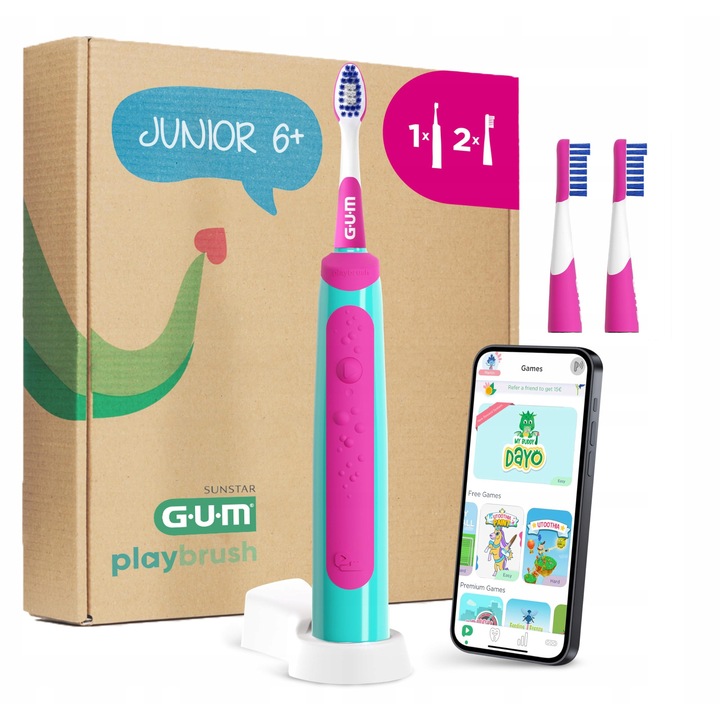 Електрическа четка за зъби за деца, GUM Playbrush Junior, розова, 2 режима на миене, 1x звукова четка, 2 допълнителни глави