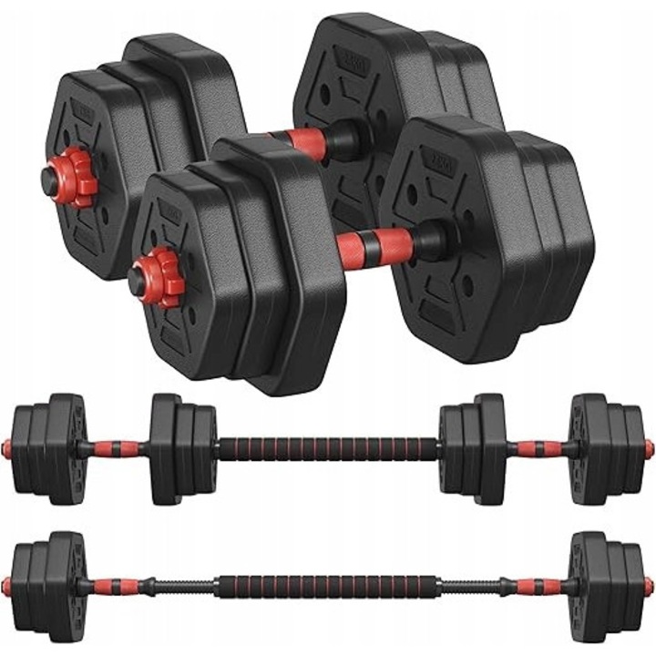 Set hantle reglabile cu bara 30kg, 4 greutati, antiderapante, multicolor