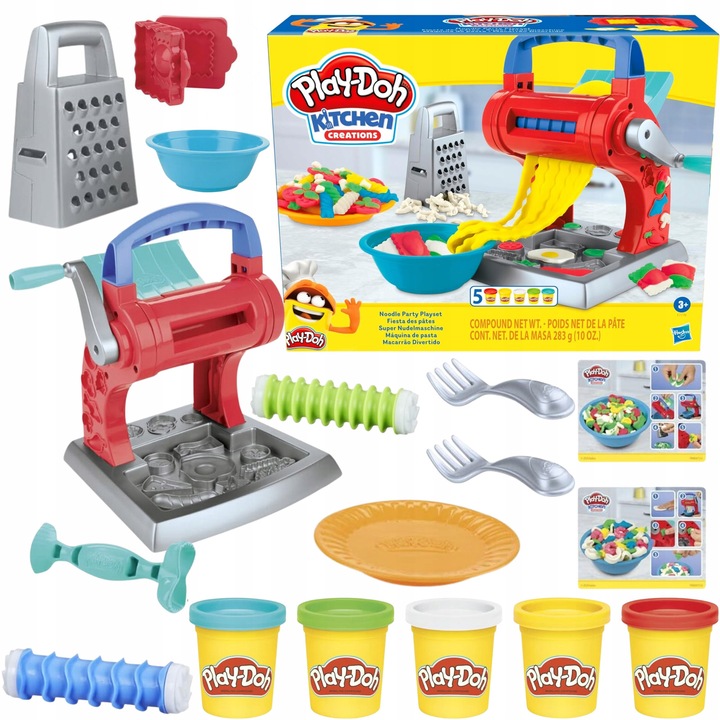 Set de joaca Play-Doh, masina de facut paste, 5 tuburi de plastilina, accesorii incluse, multicolor