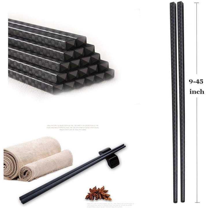 Комплект 10 чифта многократни пръчици за хранене с калъф, неплъзгащи се, за суши, черни