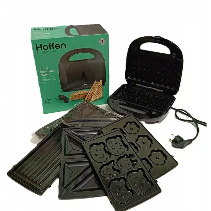 Gratar sandwich Hoffen 5 in 1, 850W, negru, cu forme pentru gofre si animale
