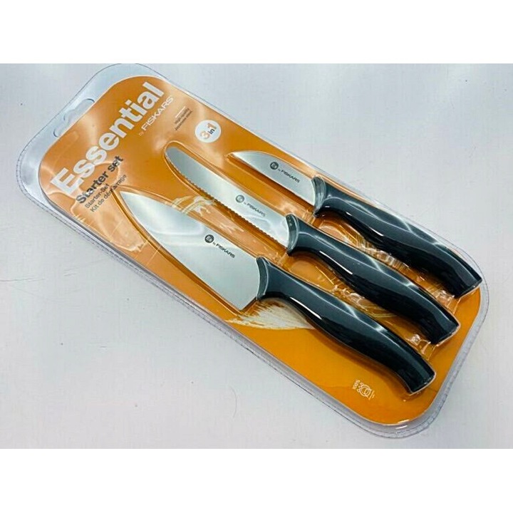 Set 3 cutite Fiskars Essential, cutit bucatar, cutit universal, cutit de curatat, inox, 12x11x7cm
