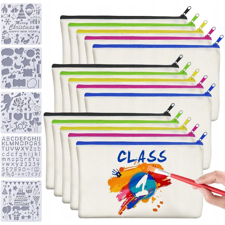 Комплект от 15 празни несесера за писалки, 21x12 см, с 5 шаблона за рисуване