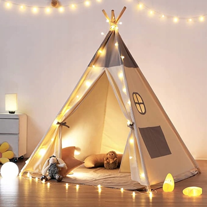 Cort tipi pentru copii, Besrey, 120x120x155cm, albastru, din bumbac 100% si lemn de pin, set