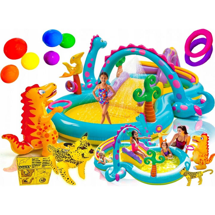 INTEX 333x229cm Felfújható Medence Csúszdával, 2 kamrás, 4-6 gyermek számára, többszínű