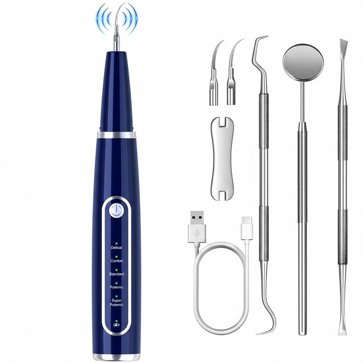 Leccik® Detartraj Profesional cu Ultrasunete, 30–40 kHz Vibratii Sonice, 5 Niveluri Reglabile, Tehnologie Inteligenta de Detectare, Protectie pentru Gingii, Indeparteaza Tartrul si Placa Bacteriana, Utilizare la Domiciliu, Albastru