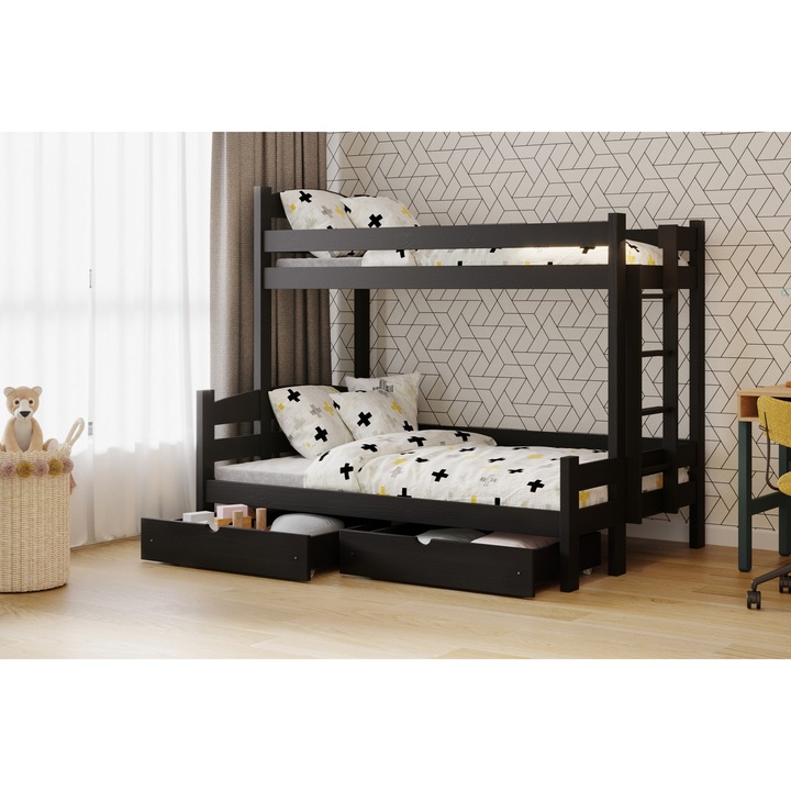 Pat Supraetajat, Meble Bogart, Drepturi, Lovic, Pat, Lemn, Neasamblat, Baieti, Asamblare usoara, 169 x 207 x 127 cm, Negru