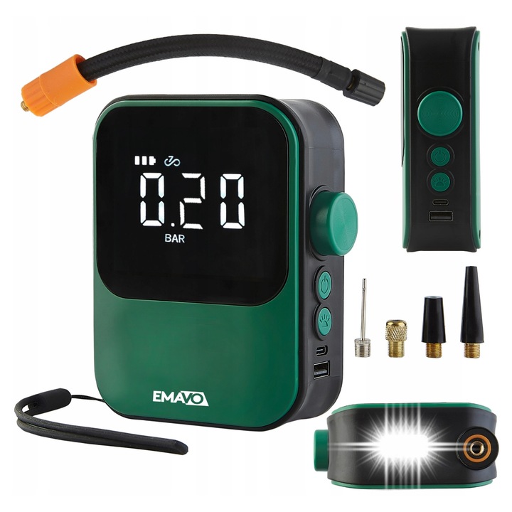 Compresor auto Emavo KB06L, 150 PSI, 18 L/min, acumulator 4000 mAh, set cu 4 capete